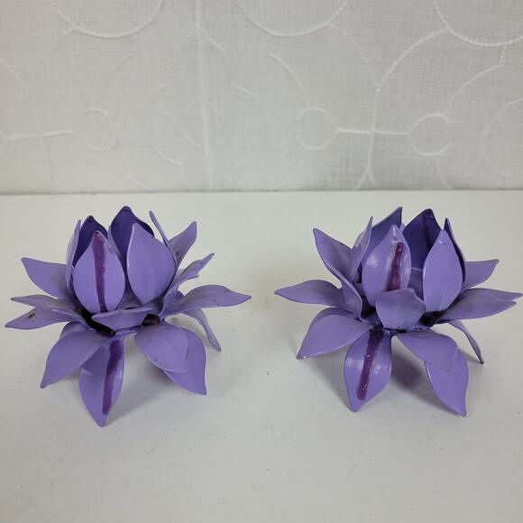 VINTAGE Lotus Flower Metal Purple Handmade Candle Holders Retro Set of 2 - Picture 10 of 13